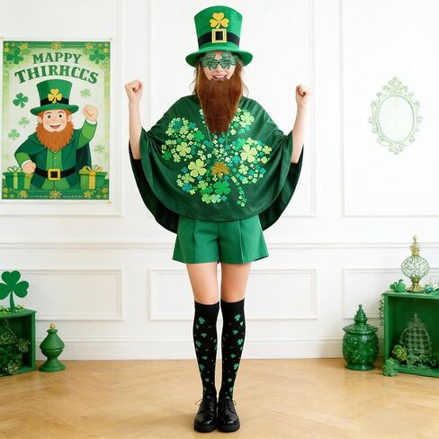 Adult St. Patrick's Day Costume Set - Green Leprechaun Hat with Beard, Shamrock Cloak, Printed Socks, Shamrock Necklace & Glasses - Perfect for Irish Parade, Bar Crawl & Festival Party in Kuwait