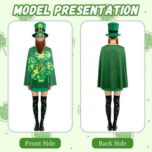 Adult St. Patrick's Day Costume Set - Green Leprechaun Hat with Beard, Shamrock Cloak, Printed Socks, Shamrock Necklace & Glasses - Perfect for Irish Parade, Bar Crawl & Festival Party in Kuwait