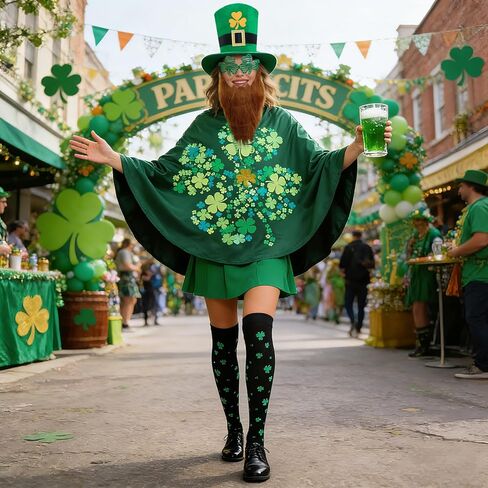 Adult St. Patrick's Day Costume Set - Green Leprechaun Hat with Beard, Shamrock Cloak, Printed Socks, Shamrock Necklace & Glasses - Perfect for Irish Parade, Bar Crawl & Festival Party in Kuwait