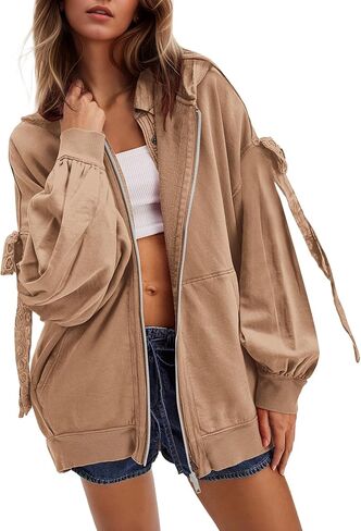 OLAPTA Zip Up Hoodies Women Oversized Bow Tie Long Sleeve Teens Sweatshirts Casual Fall Winter Hooded Jacket with Pocket 2025 in Kuwait