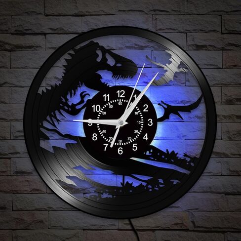 12 بوصة الكرتون ديناصور ساعة الحائط 7 لون الإضاءة الخلفية LED، غرف الأولاد ساعة الحائط ليلة ضوء الأطفال الفينيل سجل ساعة الحائط ساعة حركة صامتة لغرفة الأطفال غرفة نوم الأطفال غرفة الألعاب in Saudi Arabia