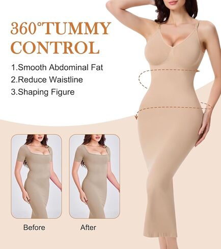 ملابس داخلية لملابس داخلية، تحكم في البطن، رقبة على شكل حرف V، فساتين طويلة كاملة الانزلاق للنساء، مشكل الجسم بدون خياطة مع حزام قابل للتعديل، بيج S in Kuwait