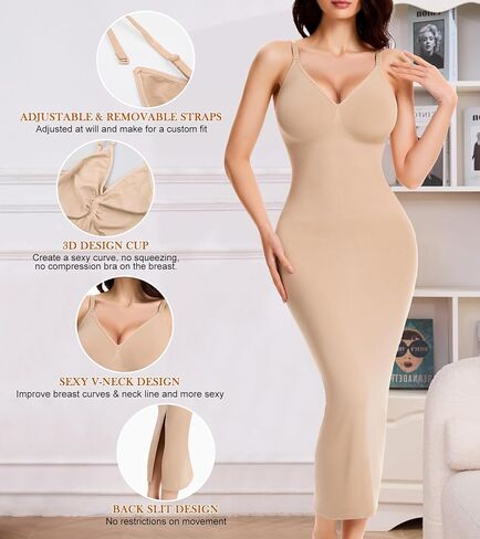 ملابس داخلية لملابس داخلية، تحكم في البطن، رقبة على شكل حرف V، فساتين طويلة كاملة الانزلاق للنساء، مشكل الجسم بدون خياطة مع حزام قابل للتعديل، بيج S in Kuwait