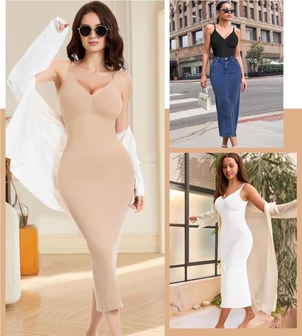 ملابس داخلية لملابس داخلية، تحكم في البطن، رقبة على شكل حرف V، فساتين طويلة كاملة الانزلاق للنساء، مشكل الجسم بدون خياطة مع حزام قابل للتعديل، بيج S in Kuwait