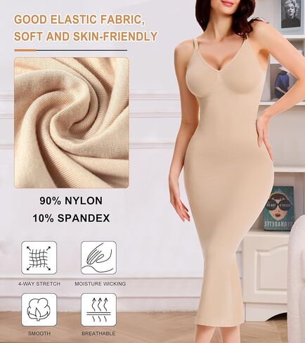 ملابس داخلية لملابس داخلية، تحكم في البطن، رقبة على شكل حرف V، فساتين طويلة كاملة الانزلاق للنساء، مشكل الجسم بدون خياطة مع حزام قابل للتعديل، بيج S in Kuwait