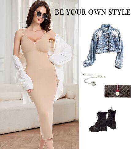 ملابس داخلية لملابس داخلية، تحكم في البطن، رقبة على شكل حرف V، فساتين طويلة كاملة الانزلاق للنساء، مشكل الجسم بدون خياطة مع حزام قابل للتعديل، بيج S in Kuwait