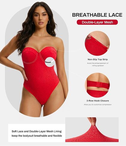 Nebility Shapewear Bodysuit for Women - Lace Thong Bodysuit with Underwire Strapless Body Shaper for Night Out in Saudi Arabia