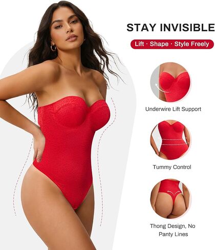 Nebility Shapewear Bodysuit for Women - Lace Thong Bodysuit with Underwire Strapless Body Shaper for Night Out in Saudi Arabia
