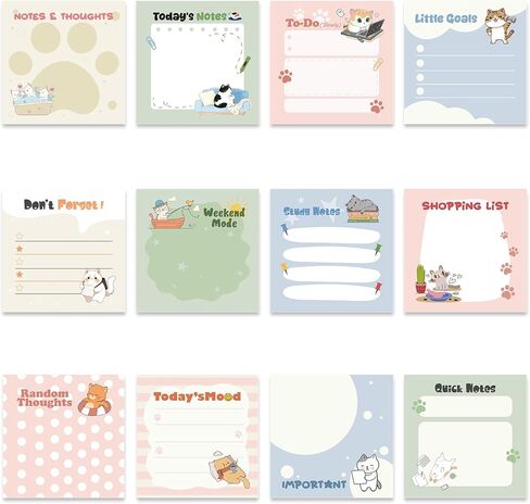 Cat Sticky Notes Gifts - 12 Pack Cartoon Cat Notepads 3x3 Inch, Kitten Gifts for Cats Lovers Animals, Kitten Memo Pads Office School Supplies for Friends Coworkers (600 Sheets) in Kuwait