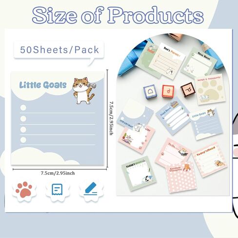 Cat Sticky Notes Gifts - 12 Pack Cartoon Cat Notepads 3x3 Inch, Kitten Gifts for Cats Lovers Animals, Kitten Memo Pads Office School Supplies for Friends Coworkers (600 Sheets) in Kuwait