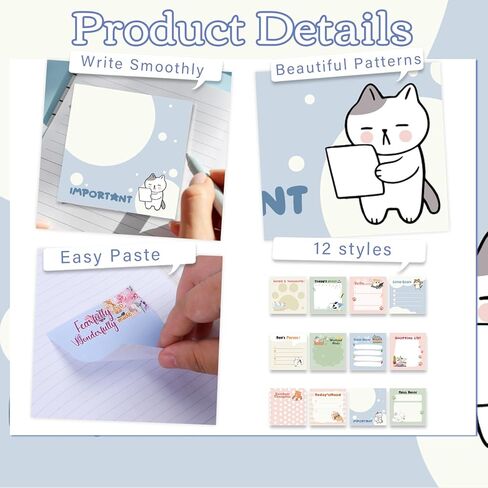 Cat Sticky Notes Gifts - 12 Pack Cartoon Cat Notepads 3x3 Inch, Kitten Gifts for Cats Lovers Animals, Kitten Memo Pads Office School Supplies for Friends Coworkers (600 Sheets) in Kuwait
