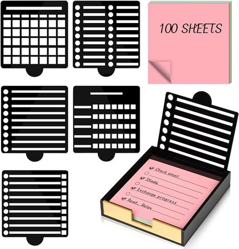 3" x 3" Sticky Notes Holder with 5 Different Stencil & 100 Sheet Post It Notes Clear Acrylic Self-Stick Sticky Note Dispenser Post It Note Holder Memo Organizer for Classroom Office Desk Organizer in Saudi Arabia