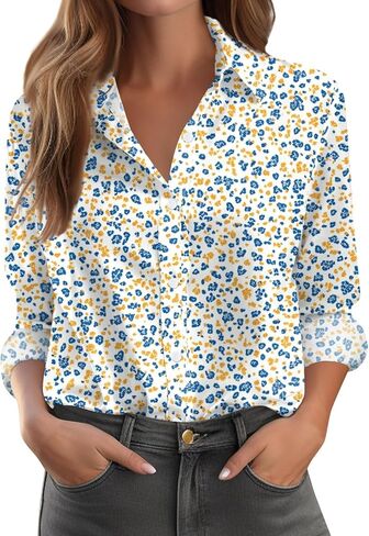 Dressy Tops for Women Long Sleeve Button Down Shirt Floral Print Lapel Collar T Shirt Business Casual Blouses in Saudi Arabia