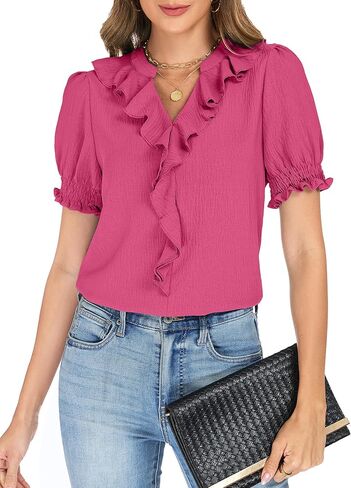 Funlingo Womens Blouses Dressy Casual Puff Sleeve V Neck Ruffle Tops Summer Business Work Shirts with Smocked Cuffs in Kuwait