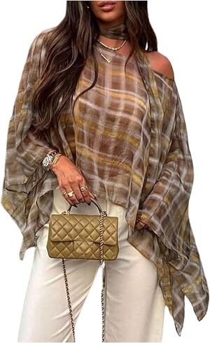MakeMeChic Women's Plaid Off The Shoulder Poncho Top Long Sleeve Going Out Tops with Scarf in Saudi Arabia