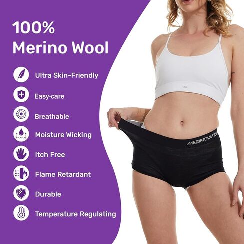 MERINNOVATION 100% Merino Wool Boxer Briefs for Women - Size M 2 Packs Underwear Boy Shorts Everyday Breathable Anti-Odor Black in Kuwait