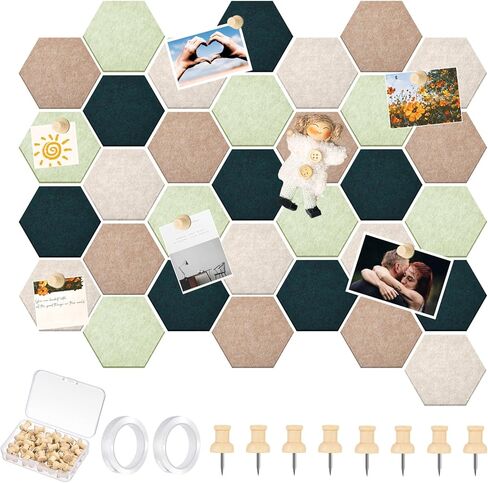 32 Pcs 6'' x 7'' Hexagon Felt Cork Board Tiles with 50 Wooden Push Pins, Felt DIY Bulletin Board with 4 Tape for Office School Home Wall Decor Stickers Memos Photos Display in Saudi Arabia