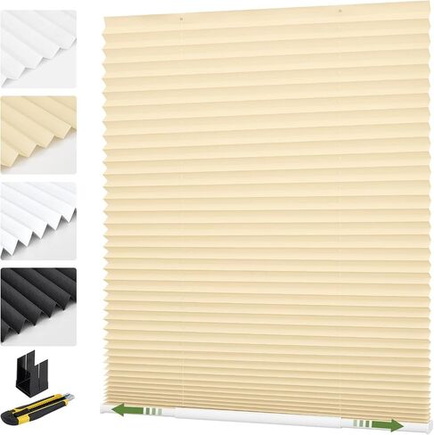 MiLin Cordless Pleated Window Shades No Drill Adjustable Bottom, Temporary Fabric Pleated Blinds for Indoor Windows with Tools Cut Size Stick On Blinds Home (Light Filtering Beige, 30"W x 63"H),1 Pack in Kuwait