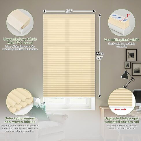 MiLin Cordless Pleated Window Shades No Drill Adjustable Bottom, Temporary Fabric Pleated Blinds for Indoor Windows with Tools Cut Size Stick On Blinds Home (Light Filtering Beige, 30"W x 63"H),1 Pack in Kuwait