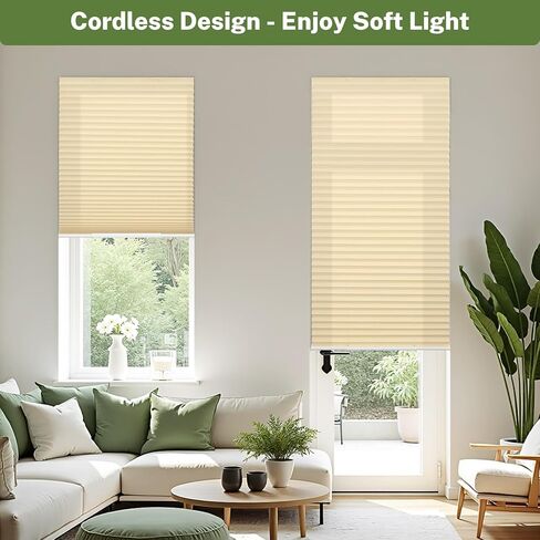 MiLin Cordless Pleated Window Shades No Drill Adjustable Bottom, Temporary Fabric Pleated Blinds for Indoor Windows with Tools Cut Size Stick On Blinds Home (Light Filtering Beige, 30"W x 63"H),1 Pack in Kuwait