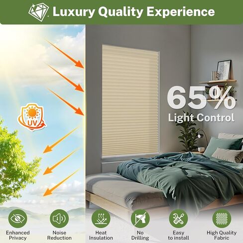 MiLin Cordless Pleated Window Shades No Drill Adjustable Bottom, Temporary Fabric Pleated Blinds for Indoor Windows with Tools Cut Size Stick On Blinds Home (Light Filtering Beige, 30"W x 63"H),1 Pack in Kuwait