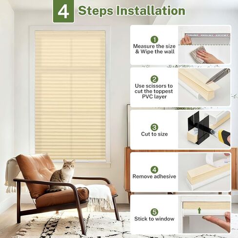 MiLin Cordless Pleated Window Shades No Drill Adjustable Bottom, Temporary Fabric Pleated Blinds for Indoor Windows with Tools Cut Size Stick On Blinds Home (Light Filtering Beige, 30"W x 63"H),1 Pack in Kuwait