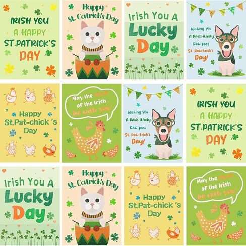 Fancy Land St. Patrick's Day Cards with Envelopes 24 Pack Funny St Patricks Cards Glitter Dog Chicken Shamrock Cards Blank Inside Party Supplies in Saudi Arabia