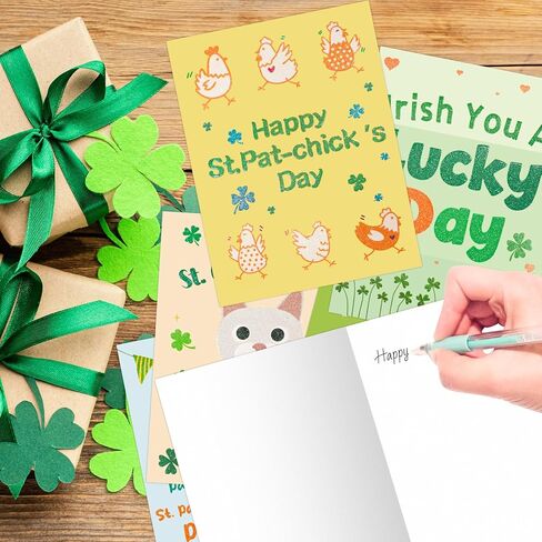 Fancy Land St. Patrick's Day Cards with Envelopes 24 Pack Funny St Patricks Cards Glitter Dog Chicken Shamrock Cards Blank Inside Party Supplies in Saudi Arabia