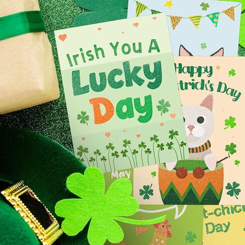 Fancy Land St. Patrick's Day Cards with Envelopes 24 Pack Funny St Patricks Cards Glitter Dog Chicken Shamrock Cards Blank Inside Party Supplies in Saudi Arabia