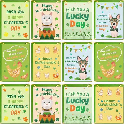 Fancy Land St. Patrick's Day Cards with Envelopes 24 Pack Funny St Patricks Cards Glitter Dog Chicken Shamrock Cards Blank Inside Party Supplies in Saudi Arabia