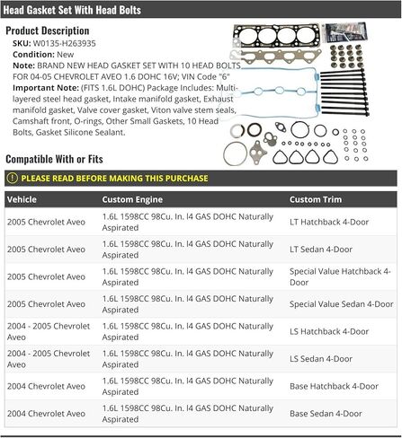 Head Gasket Set with 10 Head Bolts - Compatible with 2004-2005 Chevy Aveo 1.6L 4-Cylinder DOHC 16 Valve VIN 6 in Saudi Arabia