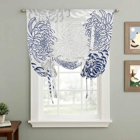 Blue White Tie Up Curtains for Window, Abstract Grey Chrysanthemum Flower Floral Thermal Insulated Balloon Shade Adjustable Rod Pocket Curtains Valance Panels for Kitchen Bathroom Café 52'' x 63'' in Saudi Arabia