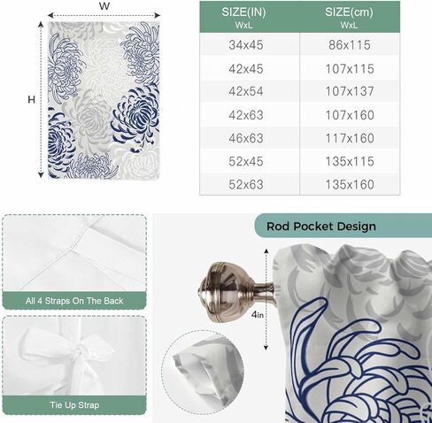 Blue White Tie Up Curtains for Window, Abstract Grey Chrysanthemum Flower Floral Thermal Insulated Balloon Shade Adjustable Rod Pocket Curtains Valance Panels for Kitchen Bathroom Café 52'' x 63'' in Saudi Arabia