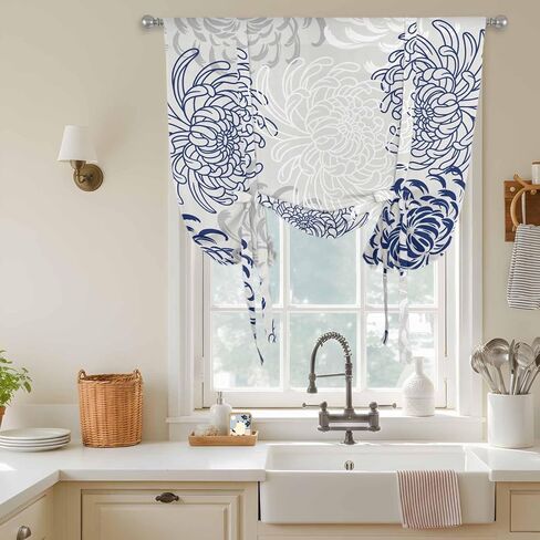 Blue White Tie Up Curtains for Window, Abstract Grey Chrysanthemum Flower Floral Thermal Insulated Balloon Shade Adjustable Rod Pocket Curtains Valance Panels for Kitchen Bathroom Café 52'' x 63'' in Saudi Arabia