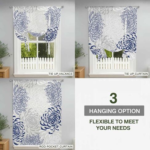 Blue White Tie Up Curtains for Window, Abstract Grey Chrysanthemum Flower Floral Thermal Insulated Balloon Shade Adjustable Rod Pocket Curtains Valance Panels for Kitchen Bathroom Café 52'' x 63'' in Saudi Arabia