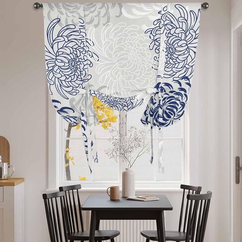Blue White Tie Up Curtains for Window, Abstract Grey Chrysanthemum Flower Floral Thermal Insulated Balloon Shade Adjustable Rod Pocket Curtains Valance Panels for Kitchen Bathroom Café 52'' x 63'' in Saudi Arabia