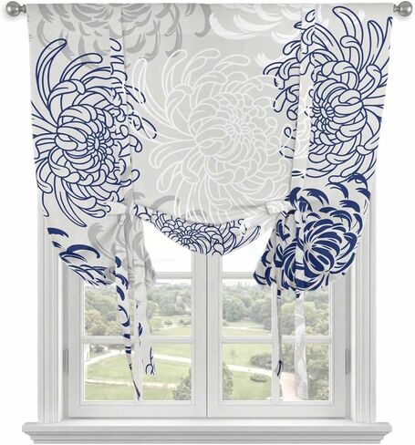 Blue White Tie Up Curtains for Window, Abstract Grey Chrysanthemum Flower Floral Thermal Insulated Balloon Shade Adjustable Rod Pocket Curtains Valance Panels for Kitchen Bathroom Café 52'' x 63'' in Saudi Arabia