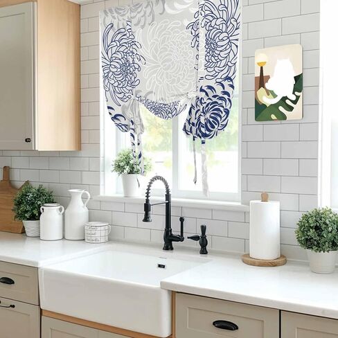 Blue White Tie Up Curtains for Window, Abstract Grey Chrysanthemum Flower Floral Thermal Insulated Balloon Shade Adjustable Rod Pocket Curtains Valance Panels for Kitchen Bathroom Café 52'' x 63'' in Saudi Arabia