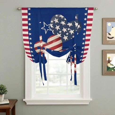 4th of July Tie Up Curtains for Window, American Flag Independence Day Vintage Thermal Insulated Balloon Shade Adjustable Rod Pocket Curtains Valance Panels for Kitchen Bathroom Café 42'' x 63'' in Saudi Arabia