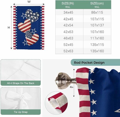 4th of July Tie Up Curtains for Window, American Flag Independence Day Vintage Thermal Insulated Balloon Shade Adjustable Rod Pocket Curtains Valance Panels for Kitchen Bathroom Café 42'' x 63'' in Saudi Arabia