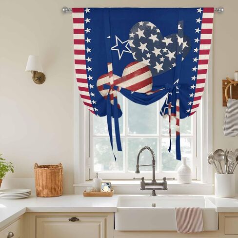 4th of July Tie Up Curtains for Window, American Flag Independence Day Vintage Thermal Insulated Balloon Shade Adjustable Rod Pocket Curtains Valance Panels for Kitchen Bathroom Café 42'' x 63'' in Saudi Arabia