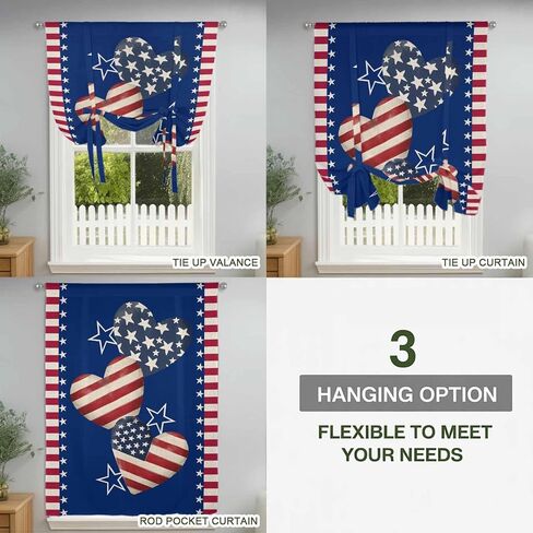 4th of July Tie Up Curtains for Window, American Flag Independence Day Vintage Thermal Insulated Balloon Shade Adjustable Rod Pocket Curtains Valance Panels for Kitchen Bathroom Café 42'' x 63'' in Saudi Arabia