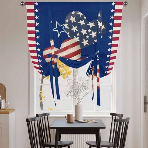 4th of July Tie Up Curtains for Window, American Flag Independence Day Vintage Thermal Insulated Balloon Shade Adjustable Rod Pocket Curtains Valance Panels for Kitchen Bathroom Café 42'' x 63'' in Saudi Arabia