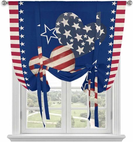 4th of July Tie Up Curtains for Window, American Flag Independence Day Vintage Thermal Insulated Balloon Shade Adjustable Rod Pocket Curtains Valance Panels for Kitchen Bathroom Café 42'' x 63'' in Saudi Arabia