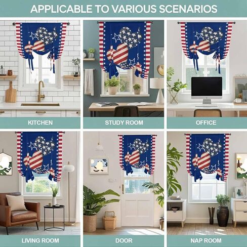 4th of July Tie Up Curtains for Window, American Flag Independence Day Vintage Thermal Insulated Balloon Shade Adjustable Rod Pocket Curtains Valance Panels for Kitchen Bathroom Café 42'' x 63'' in Saudi Arabia