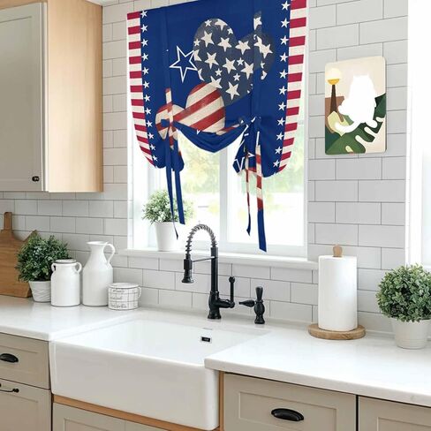 4th of July Tie Up Curtains for Window, American Flag Independence Day Vintage Thermal Insulated Balloon Shade Adjustable Rod Pocket Curtains Valance Panels for Kitchen Bathroom Café 42'' x 63'' in Saudi Arabia