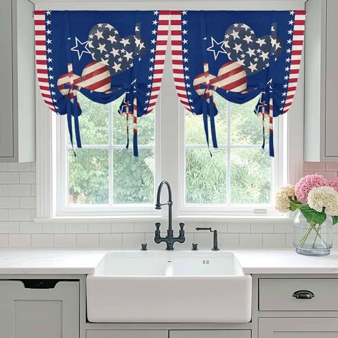 4th of July Tie Up Curtains for Window, American Flag Independence Day Vintage Thermal Insulated Balloon Shade Adjustable Rod Pocket Curtains Valance Panels for Kitchen Bathroom Café 42'' x 63'' in Saudi Arabia