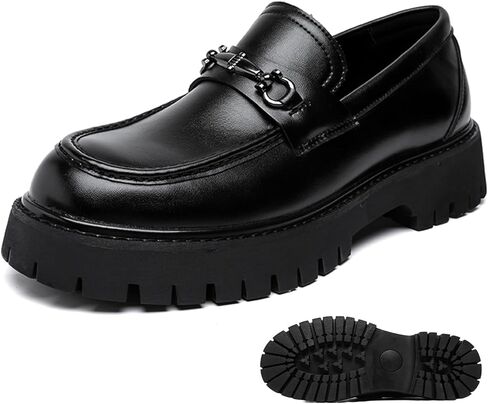 Men's Platform Loafers Fashion Patent Leather Slip-On Shoes with Metal Horsebit Non-Slip Lug Sole Comfortable Dress Shoes for Business Office & Casual Daily Wear in Saudi Arabia