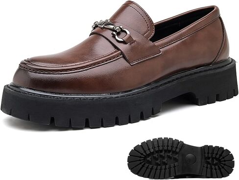 Men's Platform Loafers Fashion Patent Leather Slip-On Shoes with Metal Horsebit Non-Slip Lug Sole Comfortable Dress Shoes for Business Office & Casual Daily Wear in Saudi Arabia