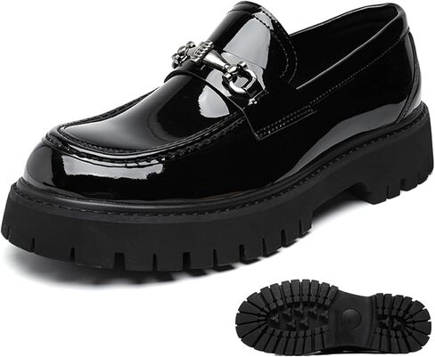 Men's Platform Loafers Fashion Patent Leather Slip-On Shoes with Metal Horsebit Non-Slip Lug Sole Comfortable Dress Shoes for Business Office & Casual Daily Wear in Saudi Arabia